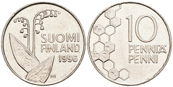 ФИНЛЯНДИЯ 10 ПЕННИ 1996 М, ЛАНДЫШ KM 65 медно-никель 192-1145