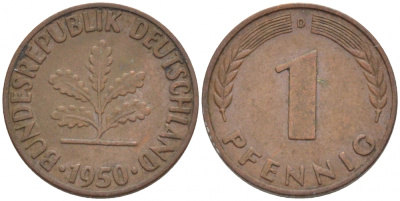 ФРГ 1 ПФЕННИГ 1950 D KM 105, J.380 сталь плакированная медью 112-926