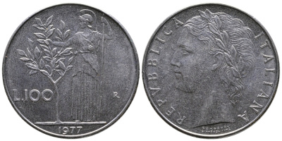 ИТАЛИЯ 100 ЛИР 1977 R , АФИНА KM 96.1 нержавеющая сталь 83-636