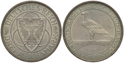 Германия 3 марки 1930 A, освобождение Рейнлянда J. 345, KM 70 серебро UNC 00-814-60