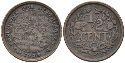 Нидерланды 1/2 цента 1928 Вильгельмина (1890-1948) KM 138 бронза 4576-511