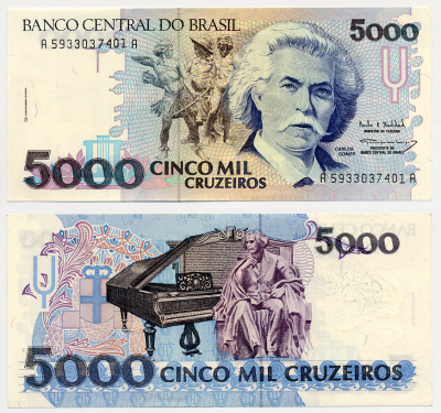 Бразилия 5000 крузейро ND (1990-1993) серия А 5933, Карлось Гомес, музыкант, рояль Pick 232с бумага UNC (пресс) 6278-31-1