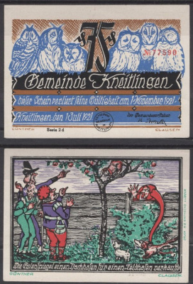 Кнайтлинген 75 пфеннигов 1921 Grabowski 710.1a-8/10 бумага UNC (пресс) 8602-45-1-1