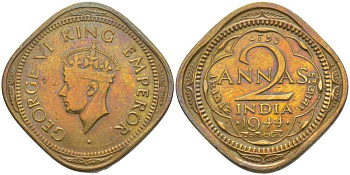 Британская Индия 2 анна 1944 Георг VI (1936-1952) KM 541а никель латунь 119-221