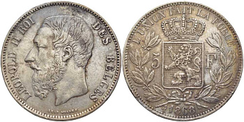 Бельгия 5 франков 1868 Леопольд II (1865-1909), ПОЗИЦИЯ А KM 24 серебро 5010-834