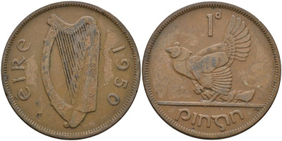Ирландия 1 пенни 1950 курица с цыплятами KM 11 бронза 4137-722
