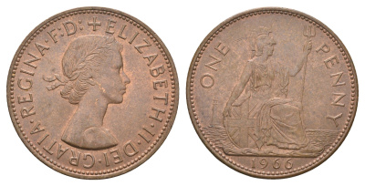 Великобритания 1 пенни 1966 Елизавета II (1952-2022) KM 897, Spink 4157 бронза 4661-935