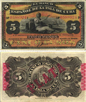 Куба 5 песо 1896 Испанская Администрация, красная надпечатка PLATA Pick 48b бумага аUNC 451-458-2