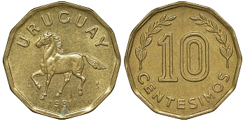 Уругвай 10 сентесимо 1981 KM 66 алюминиевая бронза 4169-535
