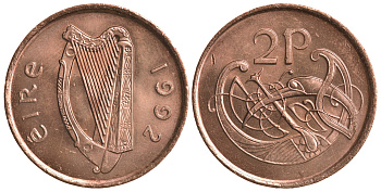 ИРЛАНДИЯ 2 ПЕНСА 1992 ВИНЬЕТКА В ВИДЕ СТИЛИЗОВАННОЙ ПТИЦЫ ИЗ ВТОРОЙ БИБЛИИ КАРЛА II ЛЫСОГО KM 21a сталь плакированная медью UNC 4390-233