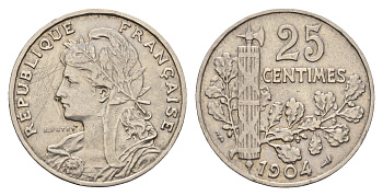 Франция 25 сантимов 1904 KM 856 никель 3856-256