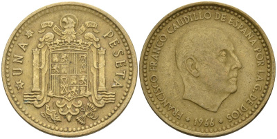 Испания 1 песета 1966 (69) Франсиско Франко (1939-1975) KM 796 алюминиевая бронза 4604-351