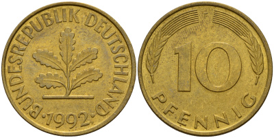 ФРГ 10 пфеннигов 1992 F J. 383, KM 108 сталь плакированная латунью    4603-642
