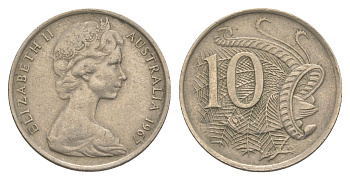 Австралия 10 центов 1967 Елизавета II (1952-2022), птица лирахвост KM 65 медно-никель 4364-3525