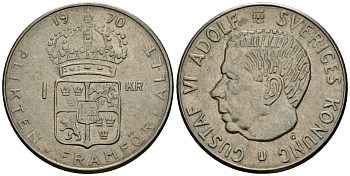 Швеция 1 крона 1970 Густав VI Адольф (1950-1973) KM 826a медь плакированная медно-никелем 4177-1025