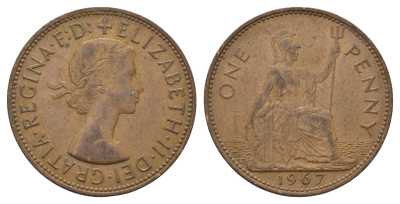 Великобритания 1 пенни 1967 Елизавета II (1952-2022) KM 897, Spink 4157 бронза 221-1033