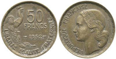 ФРАНЦИЯ 50 ФРАНКОВ 1952 KM 918.1 алюминиевая бронза 51-217