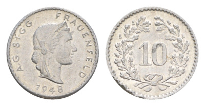 Швейцария игровой жетон 10 раппенов 1948 Men05 8058.6, Men18 10039.6 алюминий 4643-924