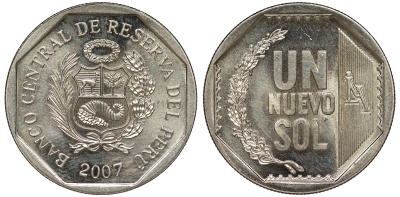 Перу 1 новый соль 2007 KM 308.4 медно-никель UNC 4605-225