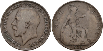 Великобритания 1 пенни 1918 Георг V (1910-1936) KM 810, Spink 4051 бронза 4149-722