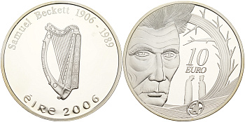 Ирландия 10 евро 2006 100 лет со дня рождения Сэмюэля Беккета, писатель, драматург, нобелевский лауреат KM 45 серебро PROOF 1066-11-23
