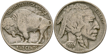 США 5 центов 1937 индеец, бизон KM 134 медно-никель 4563-632
