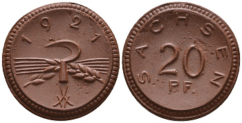 Саксония 20 пфеннигов 1921 колосья и серп J. N 53 фарфор UNC 1094-9-12
