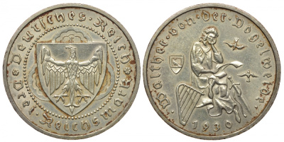 Германия 3 марки 1930 E, 700 лет со дня смерти Вальтера фон дер Фогельвейде J. 344, KM 69 серебро 00-804-50