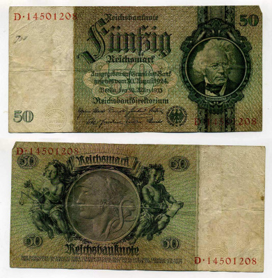 ГЕРМАНИЯ 50 РЕЙХСМАРОК 1933 Pick 182а бумага 7146-39-1