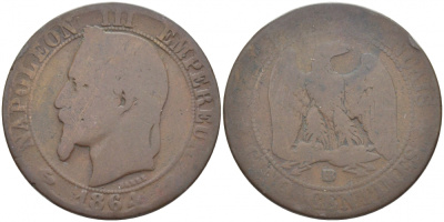 ФРАНЦИЯ 5 САНТИМОВ 1864 BB, НАПОЛЕОН III (1852-1870) KM 797.2, LE FRANC 117.12 бронза 4448-134
