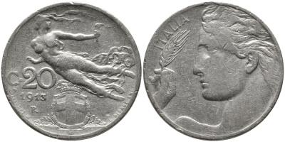 Италия 20 чентезимо 1913 R, Виктор Эммануил III (1900-1946) KM 44 никель 4681-1251