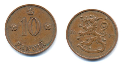 Финляндия 10 пенни 1937 республика (1918-1962) KM 24 медь 51-5547
