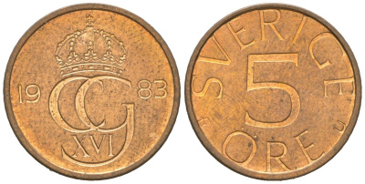 Швеция 5 эре 1983 Карл XVI Густав (1973- ) KM 849 бронза UNC 4618-246