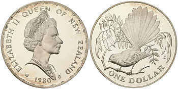 Новая Зеландия 1 доллар 1980 веерохвостка на ветке, Елизавета II (1952-2022) KM 49 a серебро PROOF 1080-4-22