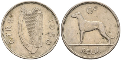 Ирландия 6 пенсов 1950 ирландский волкодав KM 13a медно-никель 4132-333
