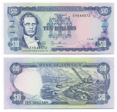 Ямайка 10 долларов 1994 Джордж Вильям Гордон, бокситовая промышленность Pick 71 e бумага UNC (пресс) 00-00
