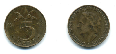 НИДЕРЛАНДЫ 5 ЦЕНТОВ 1948 KM 176 бронза 54-1313