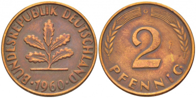 ФРГ 2 ПФЕННИГА 1960 G KM 106, J. 381 бронза 4396-1552