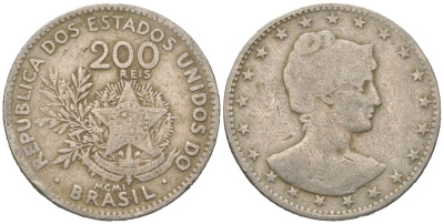 Бразилия 200 реалов 1901 MCMI, голова свободы вправо KM 504 медно-никель 4612-312