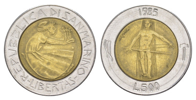 Сан-Марино 500 лир 1985 Борьба с наркотиками KM 181 биметалл UNC 4648-325