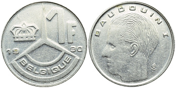 БЕЛЬГИЯ 1 ФРАНК 1990 BELGIQUE KM 170 железо плакированное никелем 4392-864