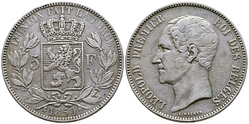 Бельгия 5 франков 1850 Леопольд I (1831-1865) KM 17 серебро 00-1067-3-51