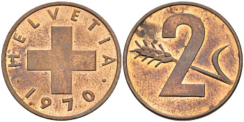 Швейцария 2 раппена 1970 KM 47 бронза UNC 4592-723