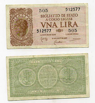 Италия 1 лира 1944 23 ноября 1944, подпись BoLaffi, CavalLaro, Giovinco Pick 29b, Grapanzano BS 8 бумага 8614-24-3-2