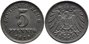 ГЕРМАНИЯ 5 ПФЕННИГОВ 1918 D KM 19, Jager 297, Weege 5 железо 4547-568