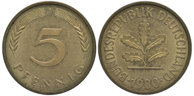 ФРГ 5 ПФЕННИГОВ 1980 J KM 107, Jager 382 сталь плакированная латунью 4547-761