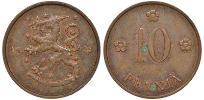 Финляндия 10 пенни 1938 KM 24 медь 51-3015