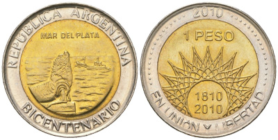 Аргентина 1 песо 2010 200 лет Аргентине - Мар-дель-Плата KM 158 биметалл UNC 4620-654