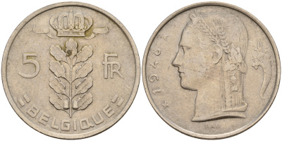 Бельгия 5 франков 1948 Belgique, первый год KM 134.1 медно-никель    4187-217