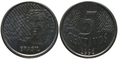 Бразилия 5 сентаво 1996 KM 632, Schon 141 нержавеющая сталь 4519-647